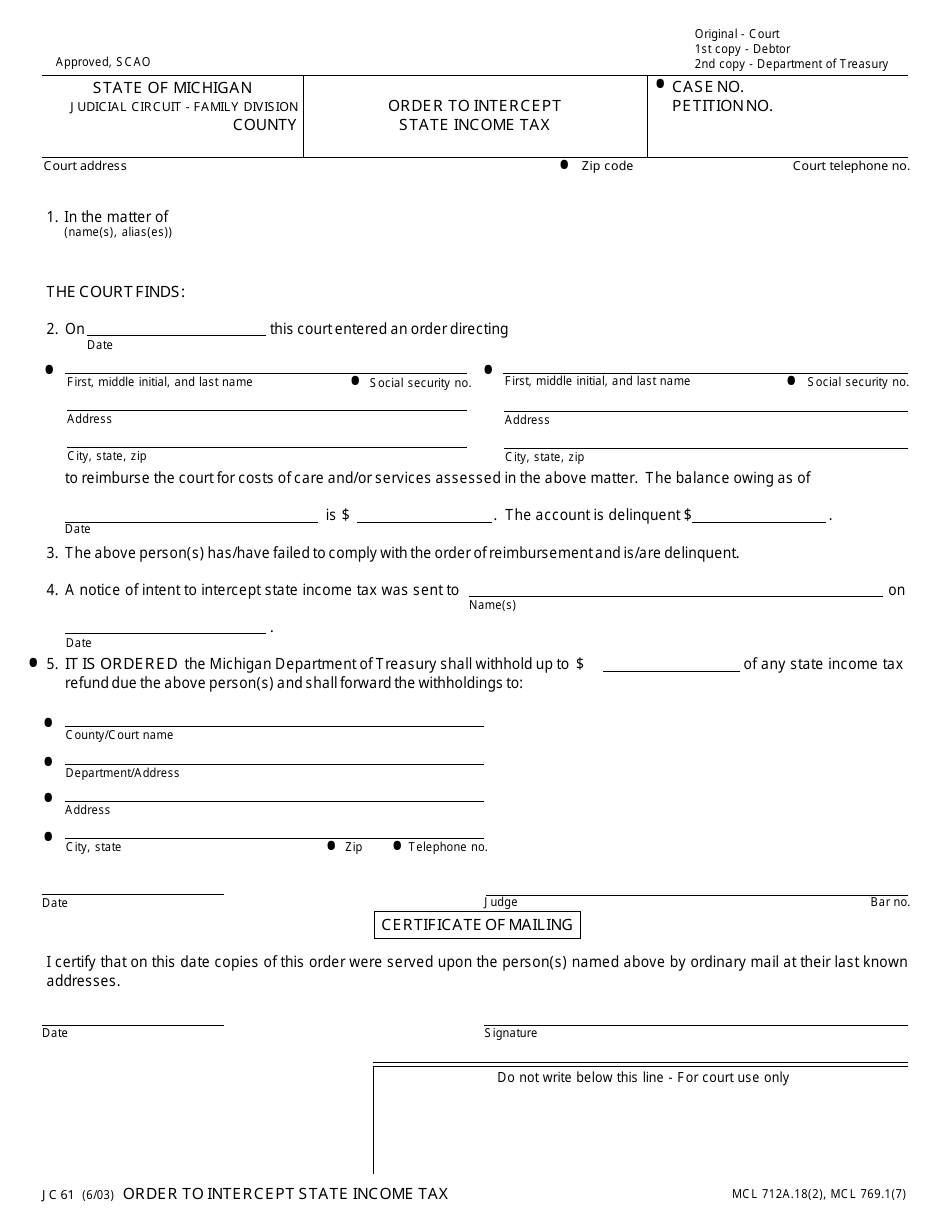 Form JC61 - Fill Out, Sign Online and Download Fillable PDF, Michigan ...