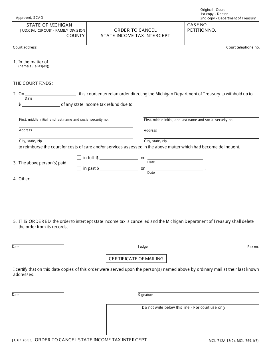 Form JC62 Download Fillable PDF or Fill Online Order to Cancel State ...