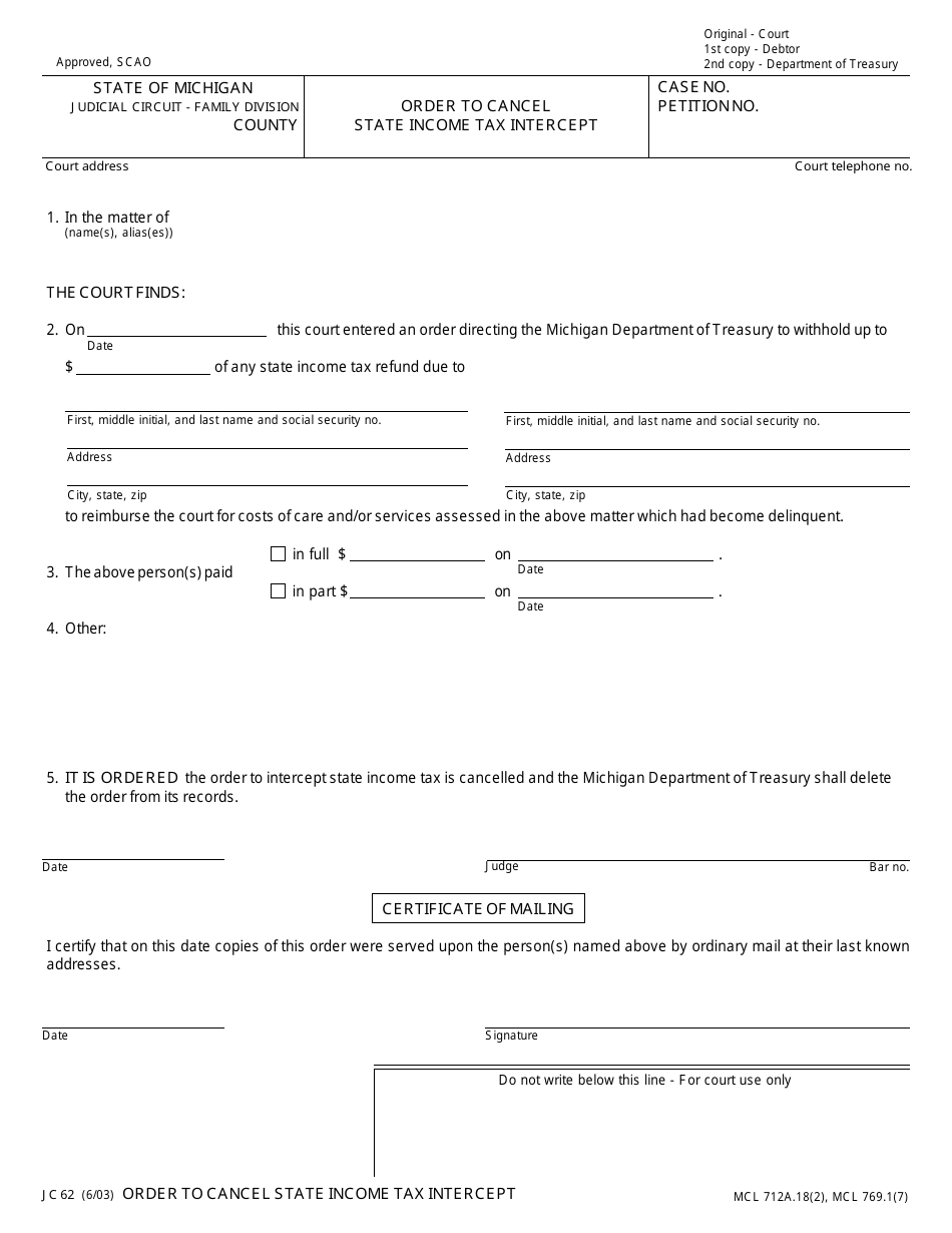 Form JC62 Order to Cancel State Income Tax Intercept - Michigan, Page 1