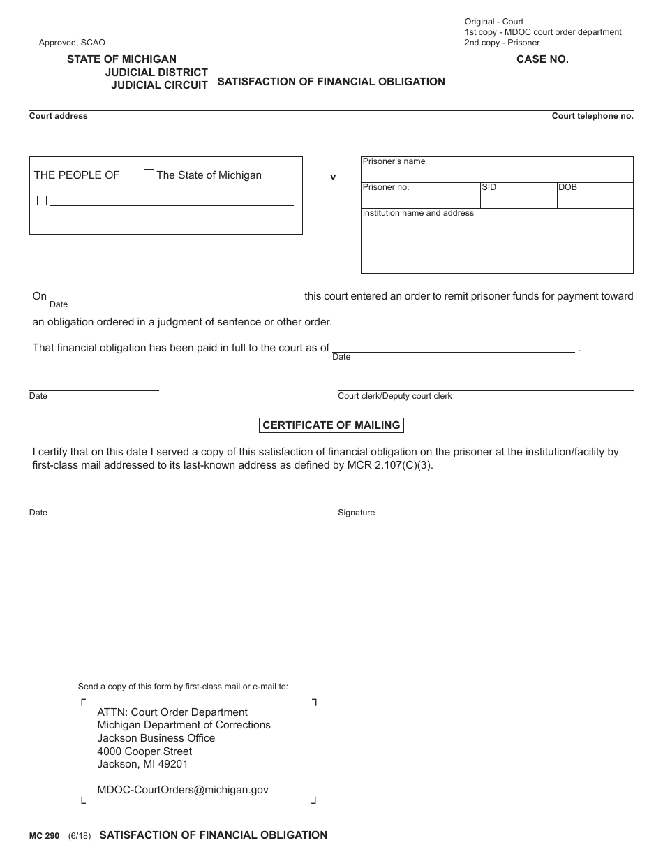 Form MC290 Satisfaction of Financial Obligation - Michigan, Page 1