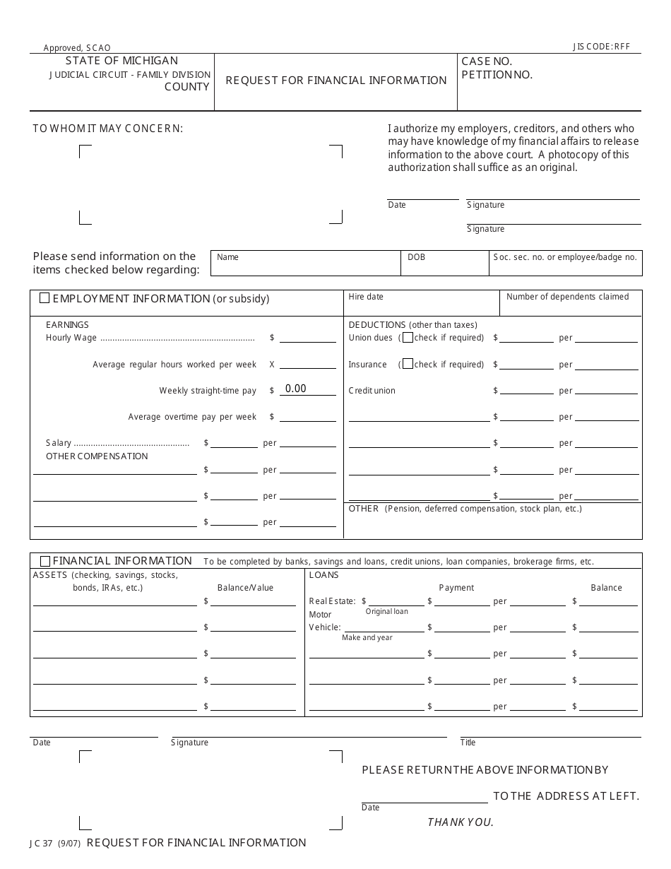 Form JC37 Request for Financial Information - Michigan, Page 1