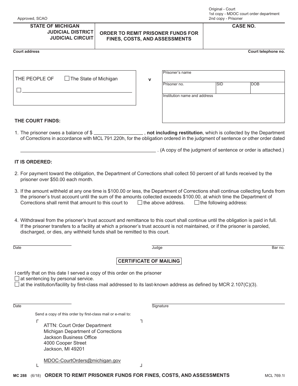Form MC288 Order to Remit Prisoner Funds for Fines, Costs, and Assessments - Michigan, Page 1