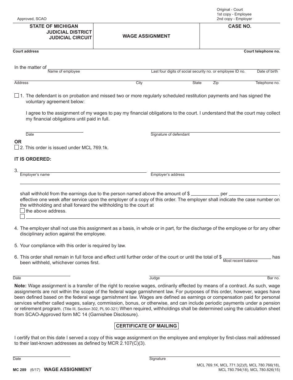 Form MC289 Wage Assignment - Michigan, Page 1