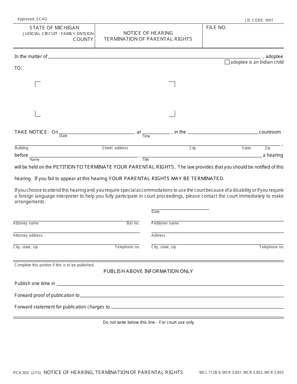 Form PCA303 Notice of Hearing, Termination of Parental Rights - Michigan, Page 1