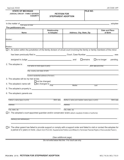 Form PCA301B Petition for Stepparent Adoption - Michigan