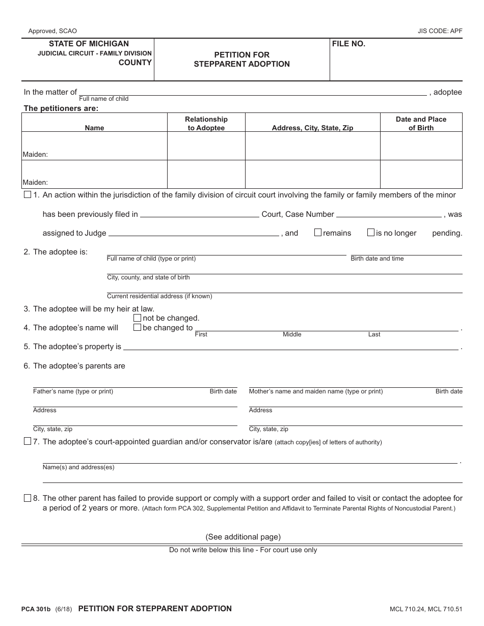 Form PCA301B Petition for Stepparent Adoption - Michigan, Page 1