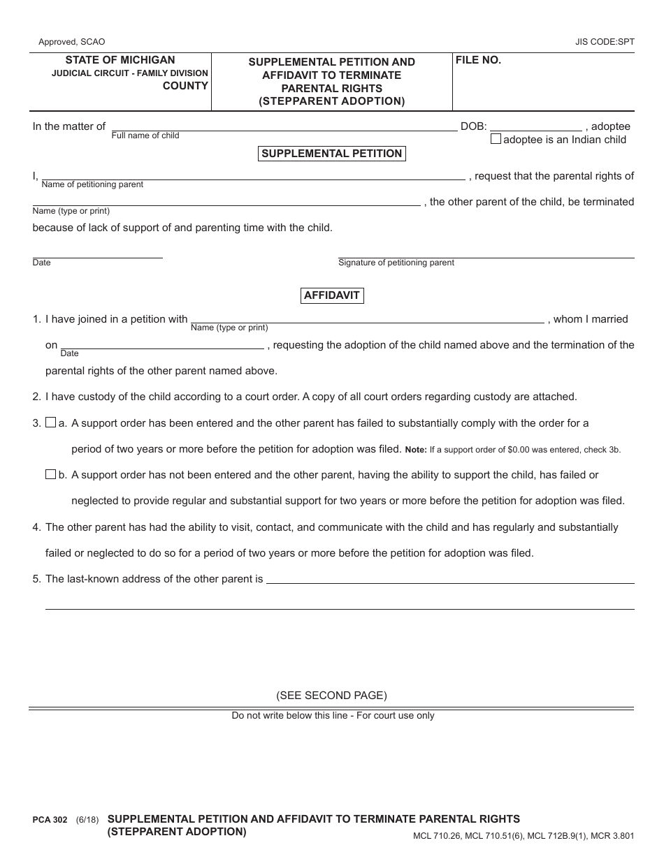 Form PCA302 Supplemental Petition and Affidavit to Terminate Parental Rights (Stepparent Adoption) - Michigan, Page 1