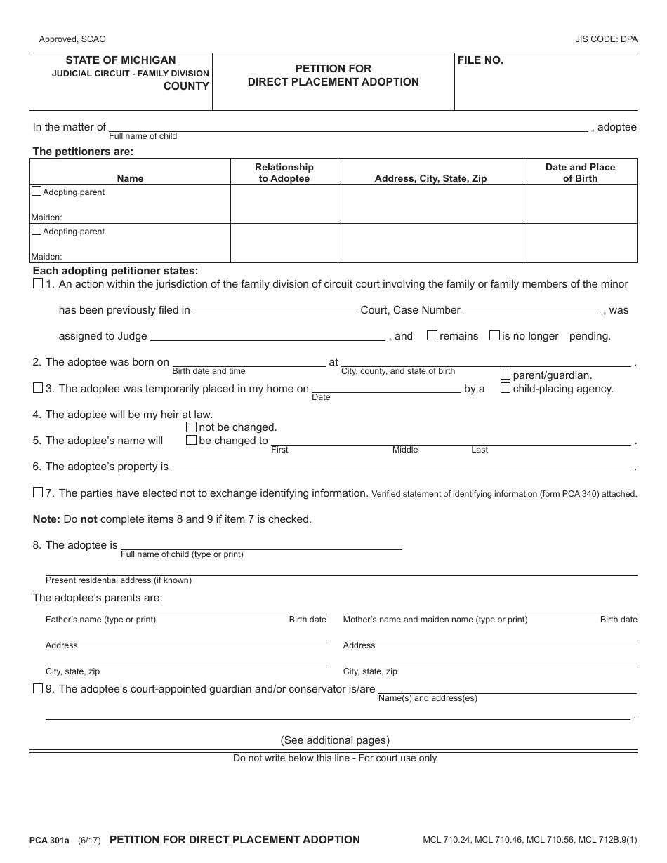 Form PCA301A Petition for Direct Placement Adoption - Michigan, Page 1