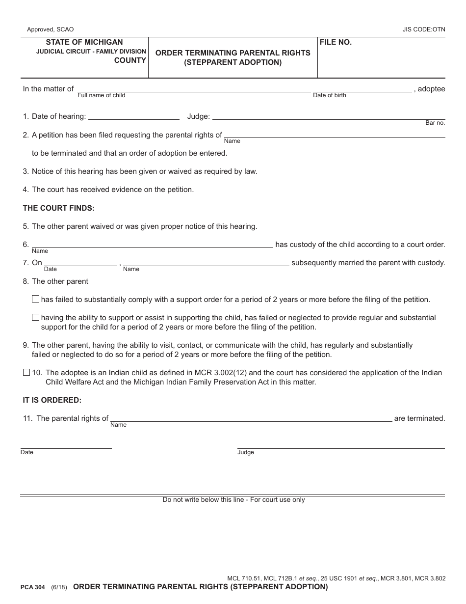 Form PCA304 Order Terminating Parental Rights (Stepparent Adoption) - Michigan, Page 1