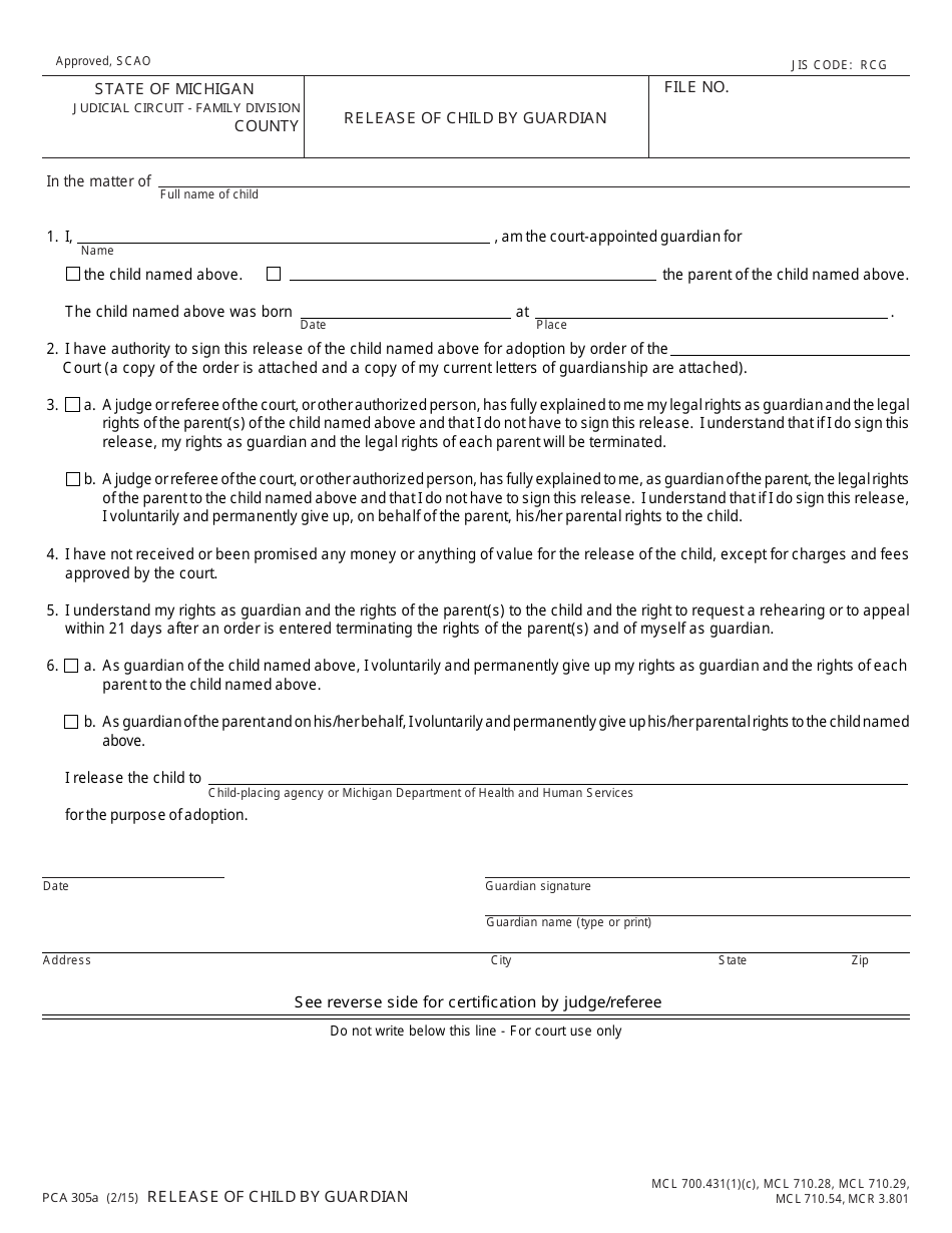 Form PCA305A Release of Child by Guardian - Michigan, Page 1
