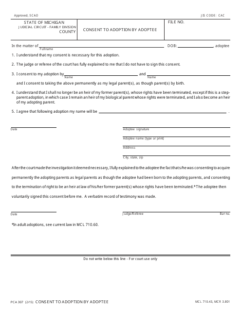 Form PCA307 Consent to Adoption by Adoptee - Michigan