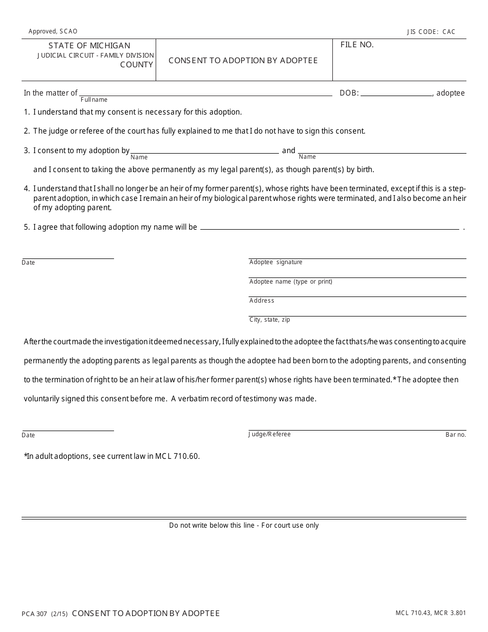Form PCA307 Fill Out, Sign Online and Download Fillable PDF, Michigan