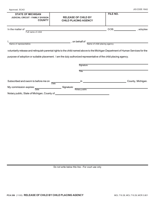 Form PCA306 Release of Child by Child Placing Agency - Michigan