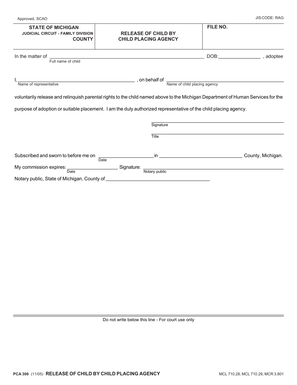 Form PCA306 Release of Child by Child Placing Agency - Michigan, Page 1