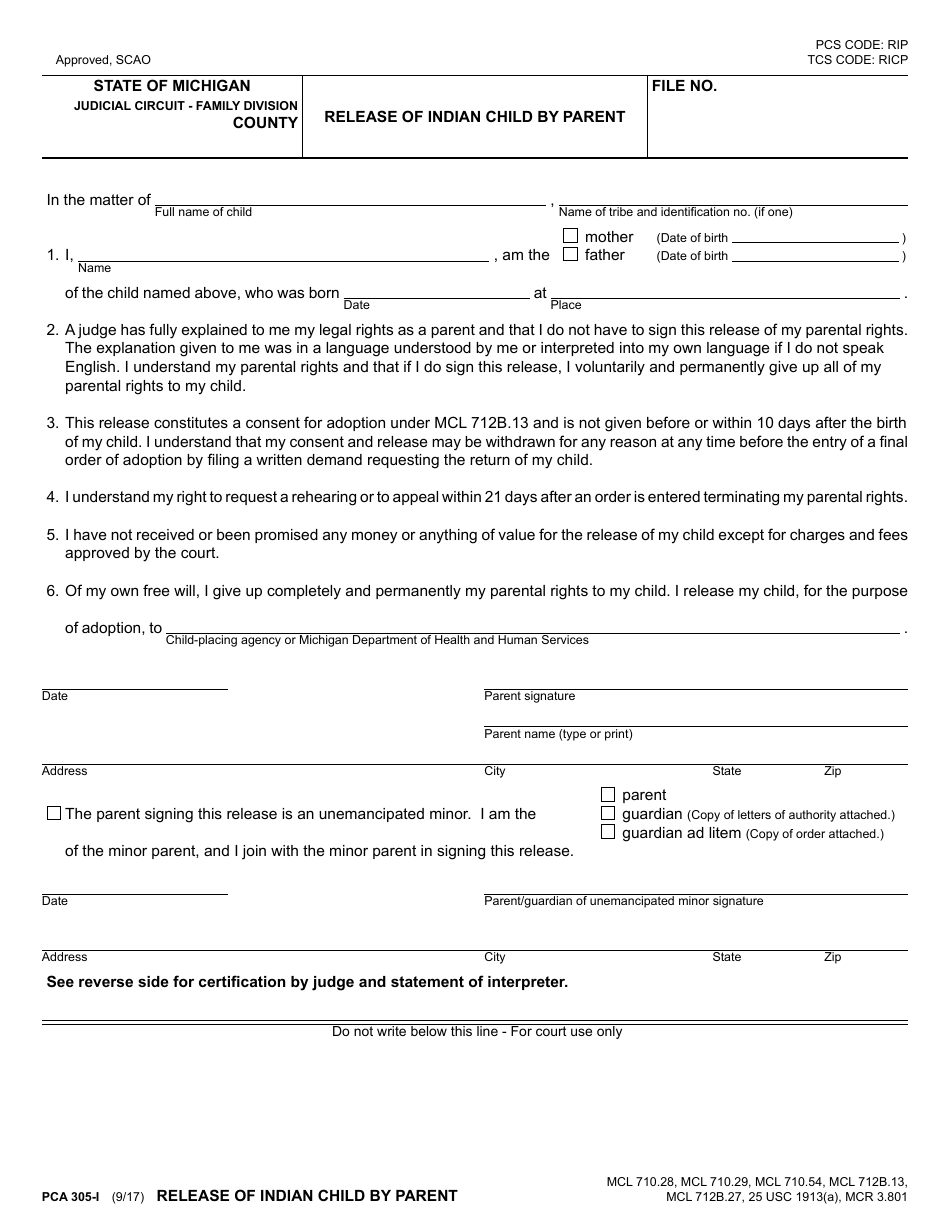 Form PCA305-I Release of Indian Child by Parent - Michigan, Page 1