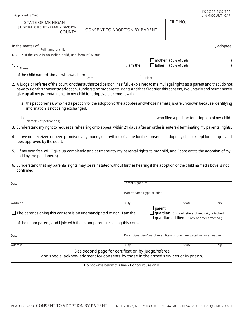 Form PCA308 Consent to Adoption by Parent - Michigan, Page 1