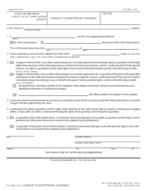Form PCA308A Consent to Adoption by Guardian - Michigan