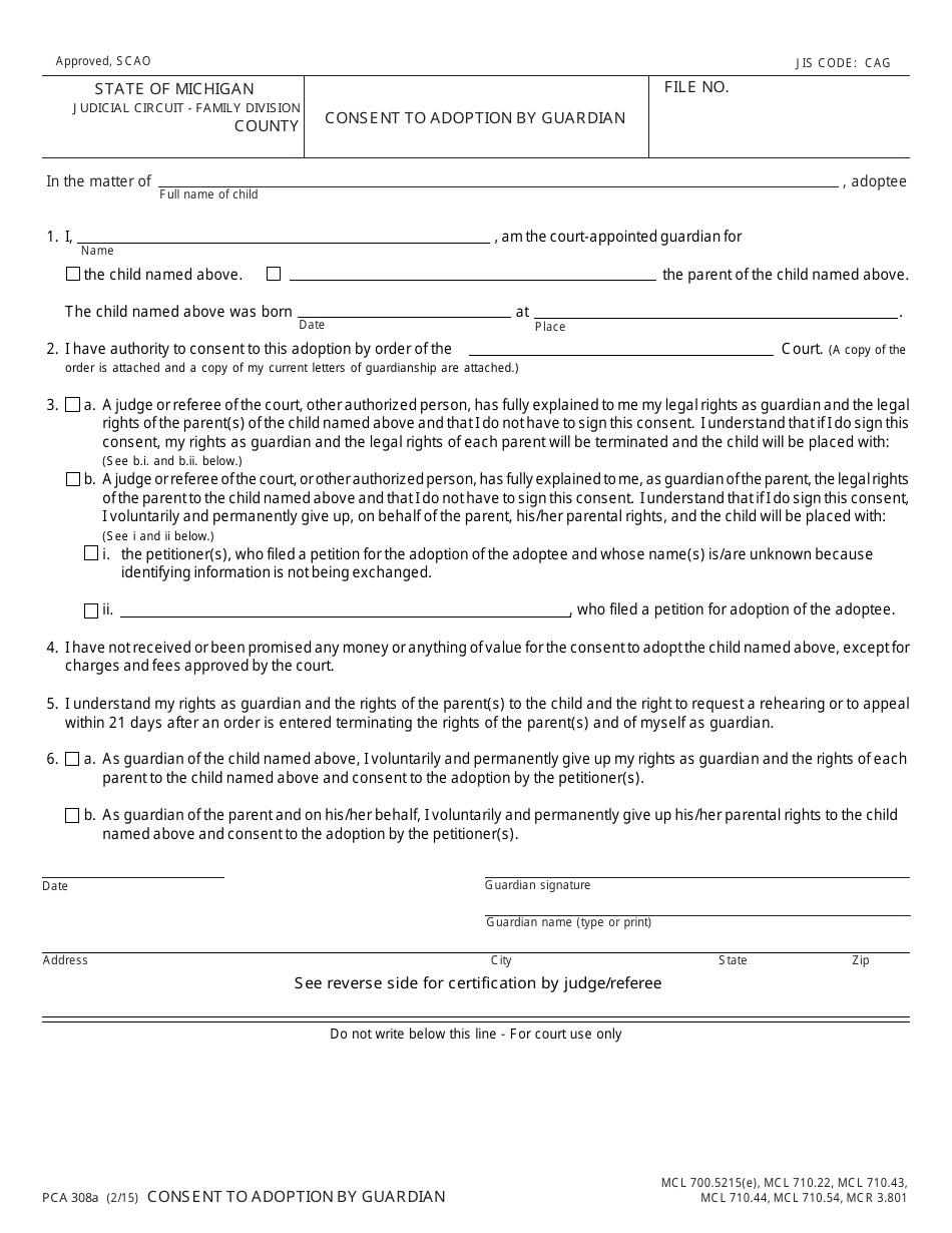 Form PCA308A Consent to Adoption by Guardian - Michigan, Page 1