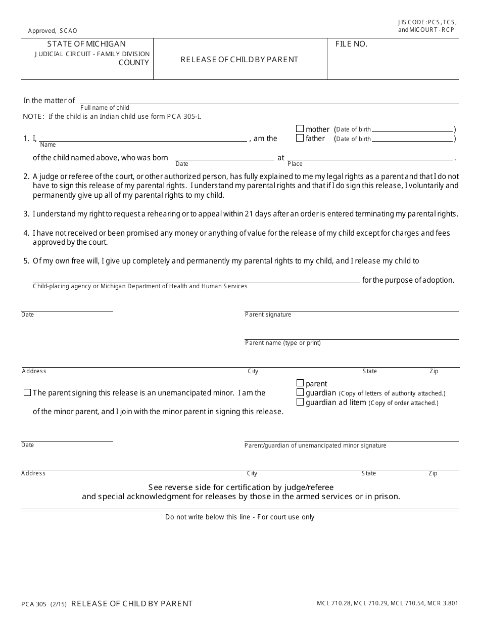 Form PCA305 Release of Child by Parent - Michigan, Page 1