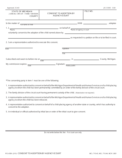 Form PCA309 Consent to Adoption by Agency/Court - Michigan
