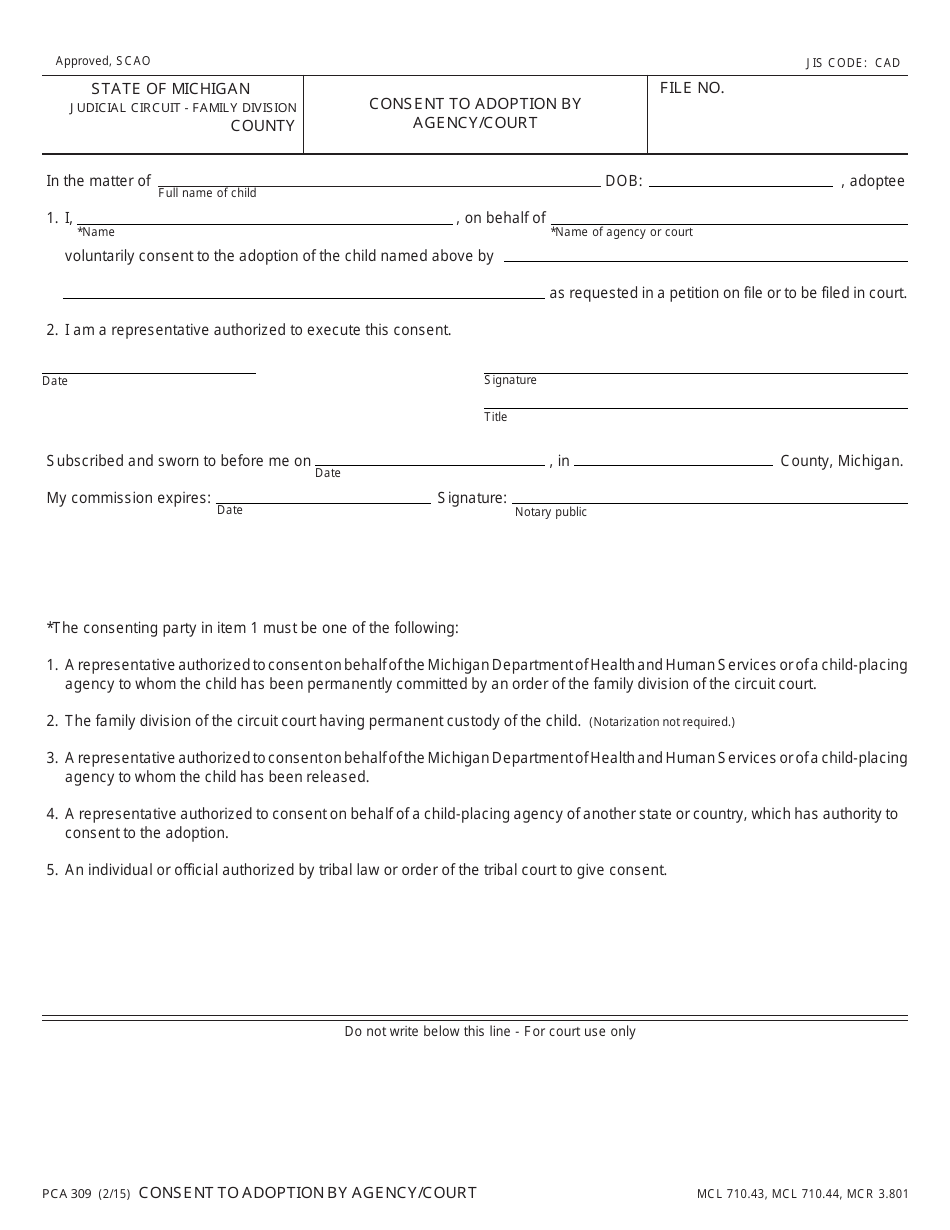 Form PCA309 Consent to Adoption by Agency / Court - Michigan, Page 1