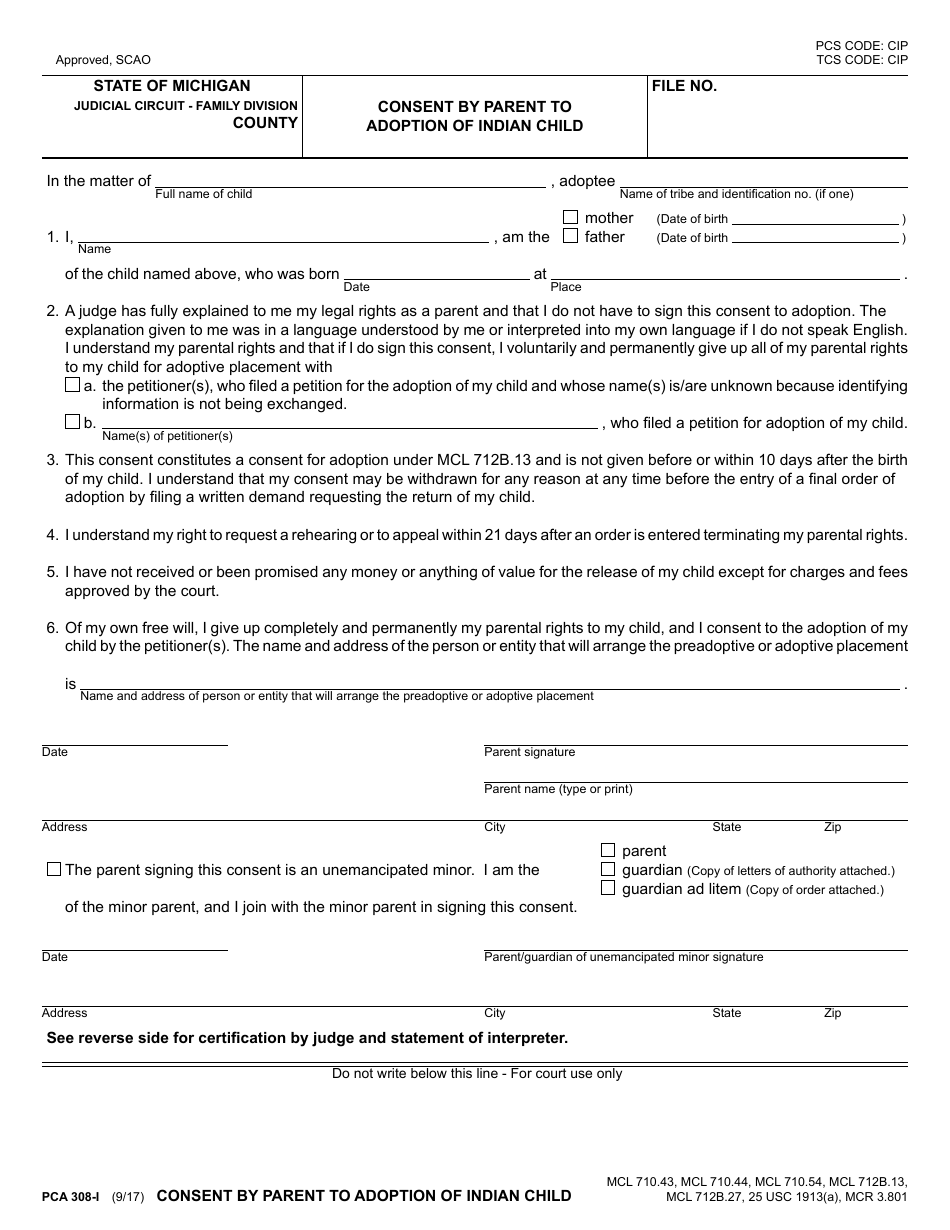 Form PCA308-I Consent by Parent to Adoption of Indian Child - Michigan, Page 1