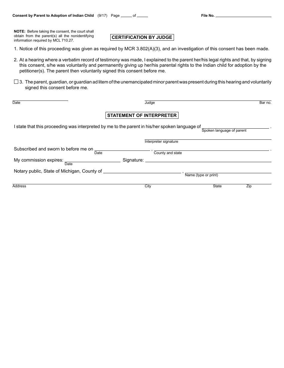 Form PCA308-I Consent by Parent to Adoption of Indian Child - Michigan, Page 2