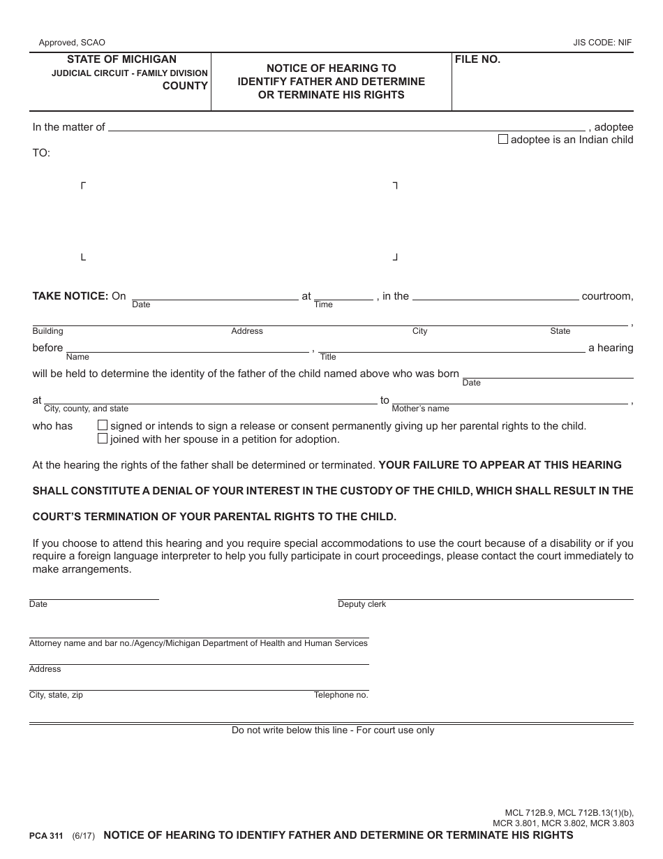 Form PCA311 Notice of Hearing to Identify Father and Determine or Terminate His Rights - Michigan, Page 1