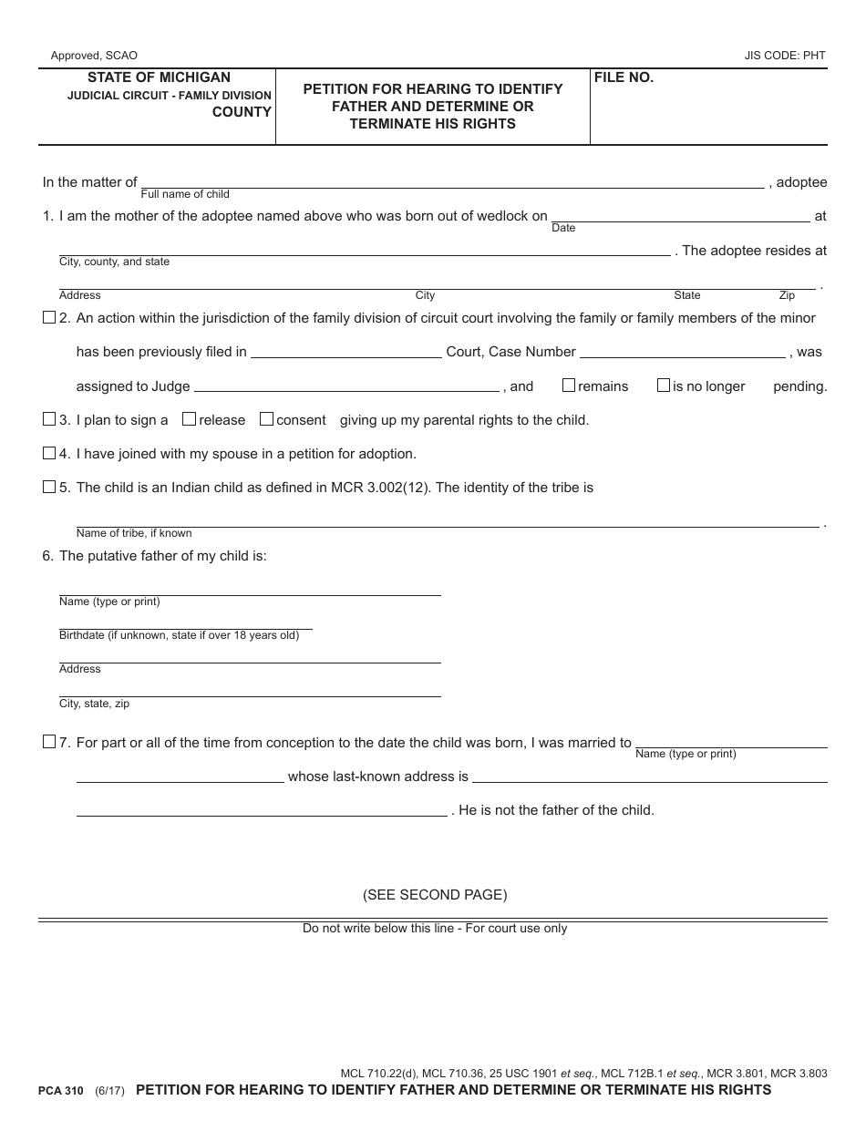 Form PCA310 Petition for Hearing to Identify Father and Determine or Terminate His Rights - Michigan, Page 1