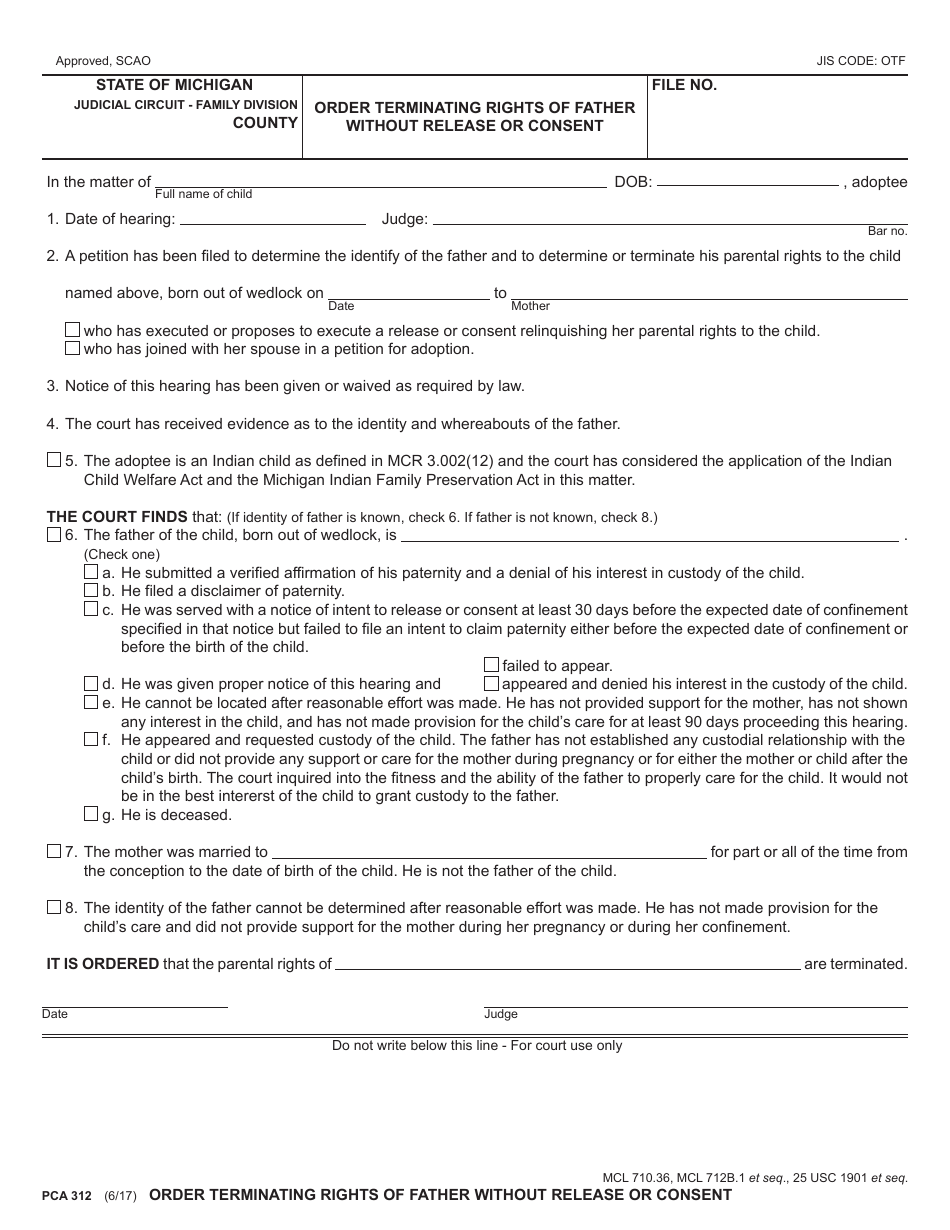 Form PCA312 Order Terminating Rights of Father Without Release or Consent - Michigan, Page 1