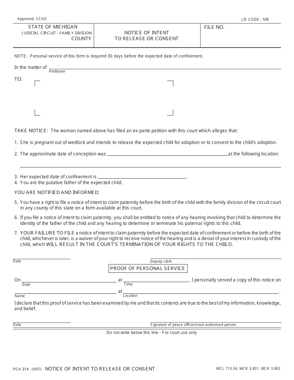 Form PCA314 Notice of Intent to Release or Consent - Michigan, Page 1