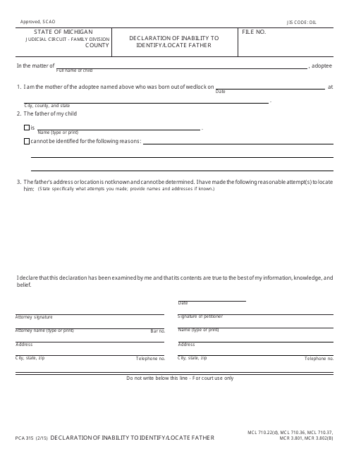Form PCA315 Declaration of Inability to Identify/Locate Father - Michigan