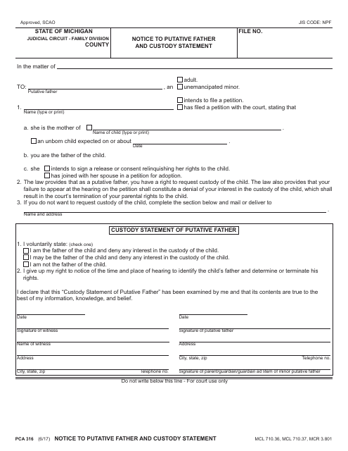 Form PCA316 Notice to Putative Father and Custody Statement - Michigan