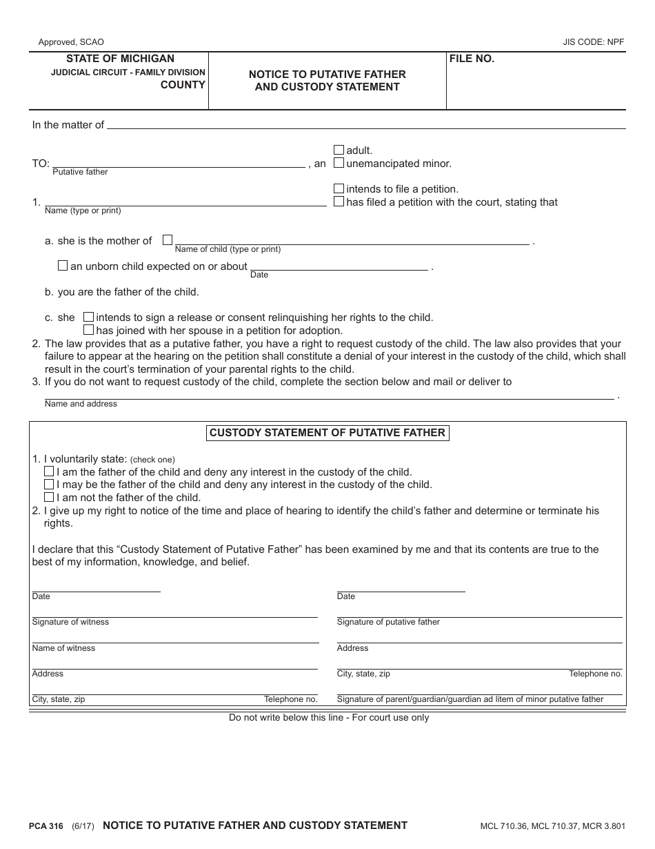 Form PCA316 Notice to Putative Father and Custody Statement - Michigan, Page 1