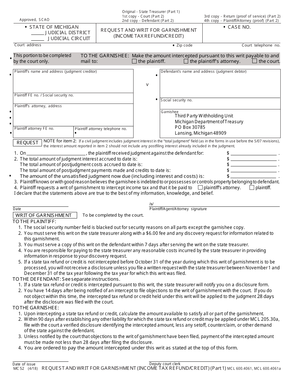 Form MC52 Request and Writ for Garnishment (Income Tax Refund / Credit) - Michigan, Page 1