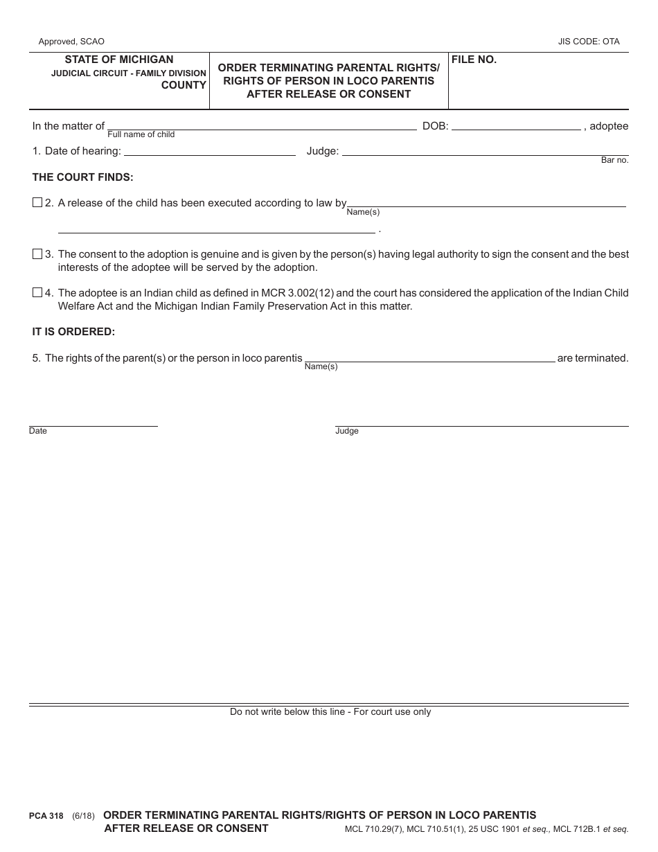Form PCA318 Order Terminating Parental Rights / Rights of Person in Loco Parentis After Release or Consent - Michigan, Page 1