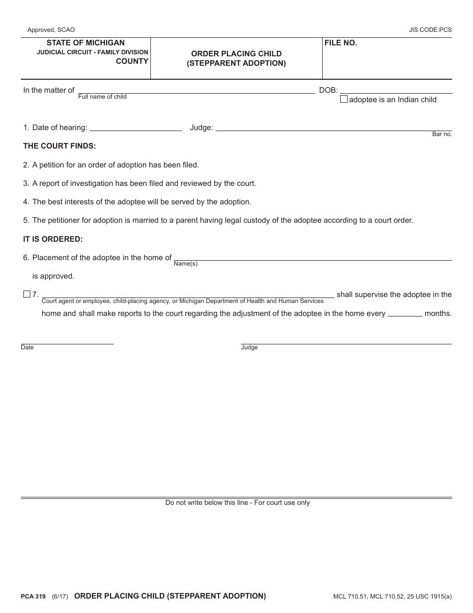 Form PCA319 Order Placing Child (Stepparent Adoption) - Michigan, Page 1