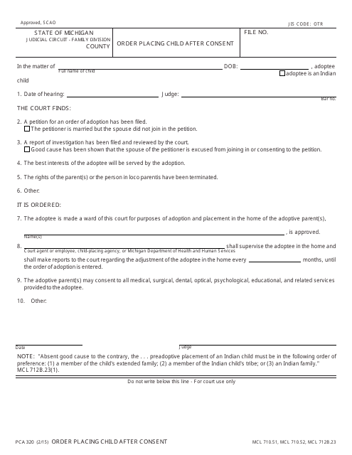 Form PCA320 Order Placing Child After Consent - Michigan