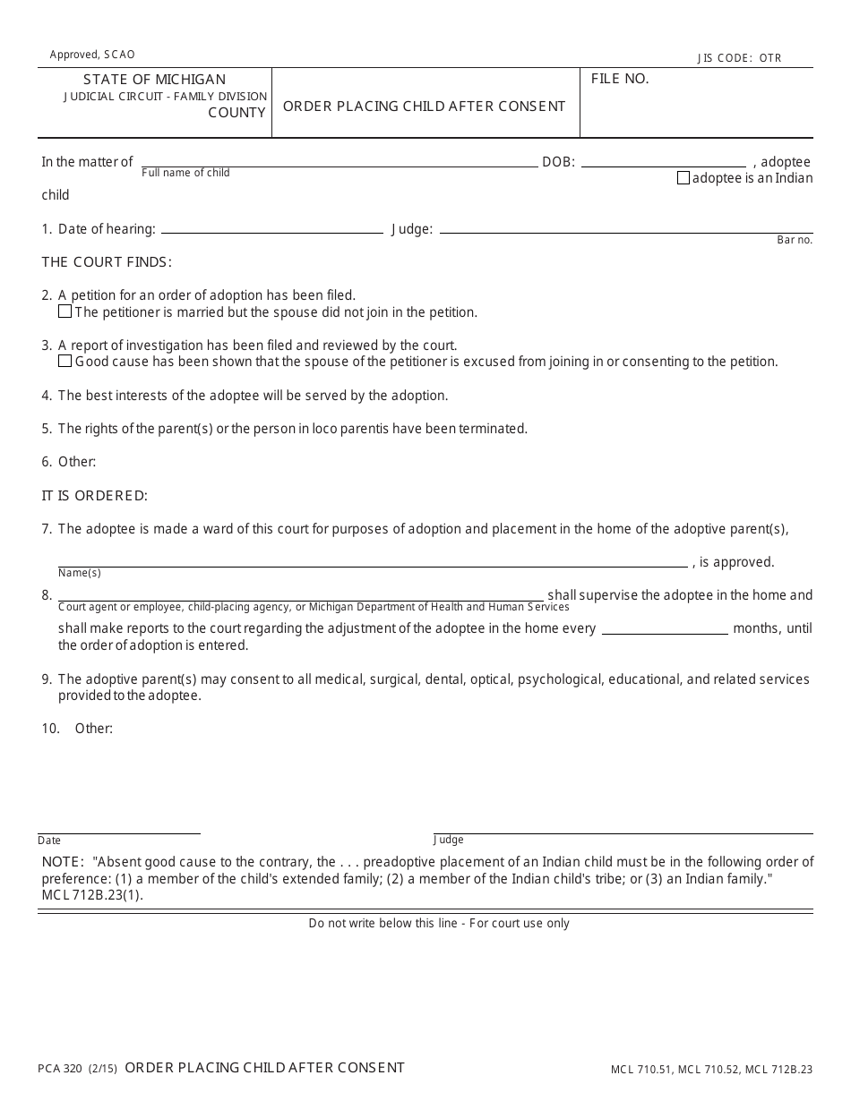 Form PCA320 Order Placing Child After Consent - Michigan, Page 1