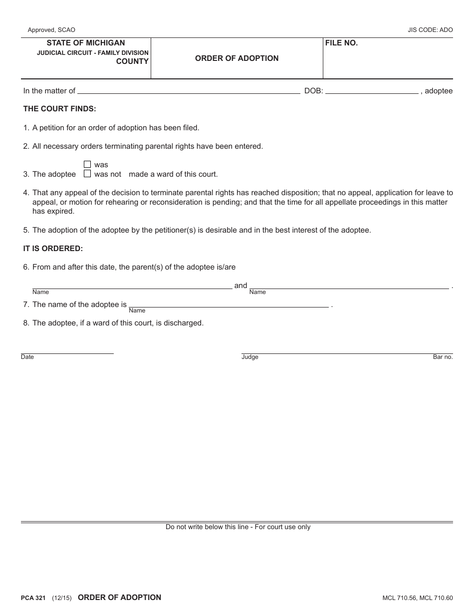 Form PCA321 Order of Adoption - Michigan, Page 1