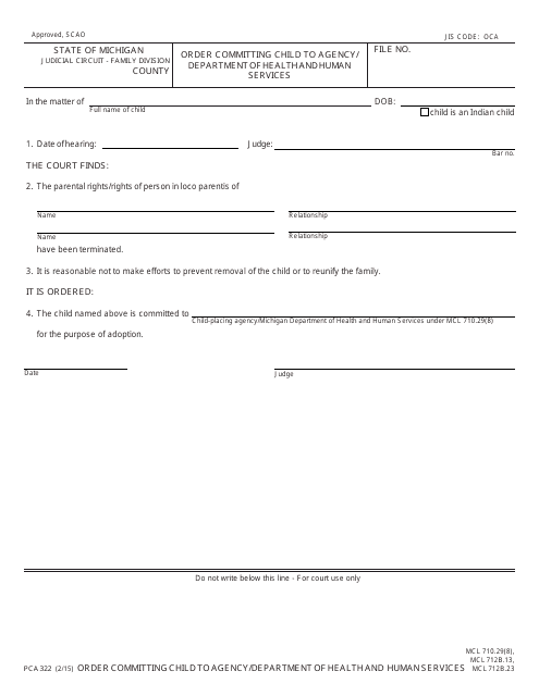 Form PCA322 Order Committing Child to Agency/ Department of Health and Human Services - Michigan