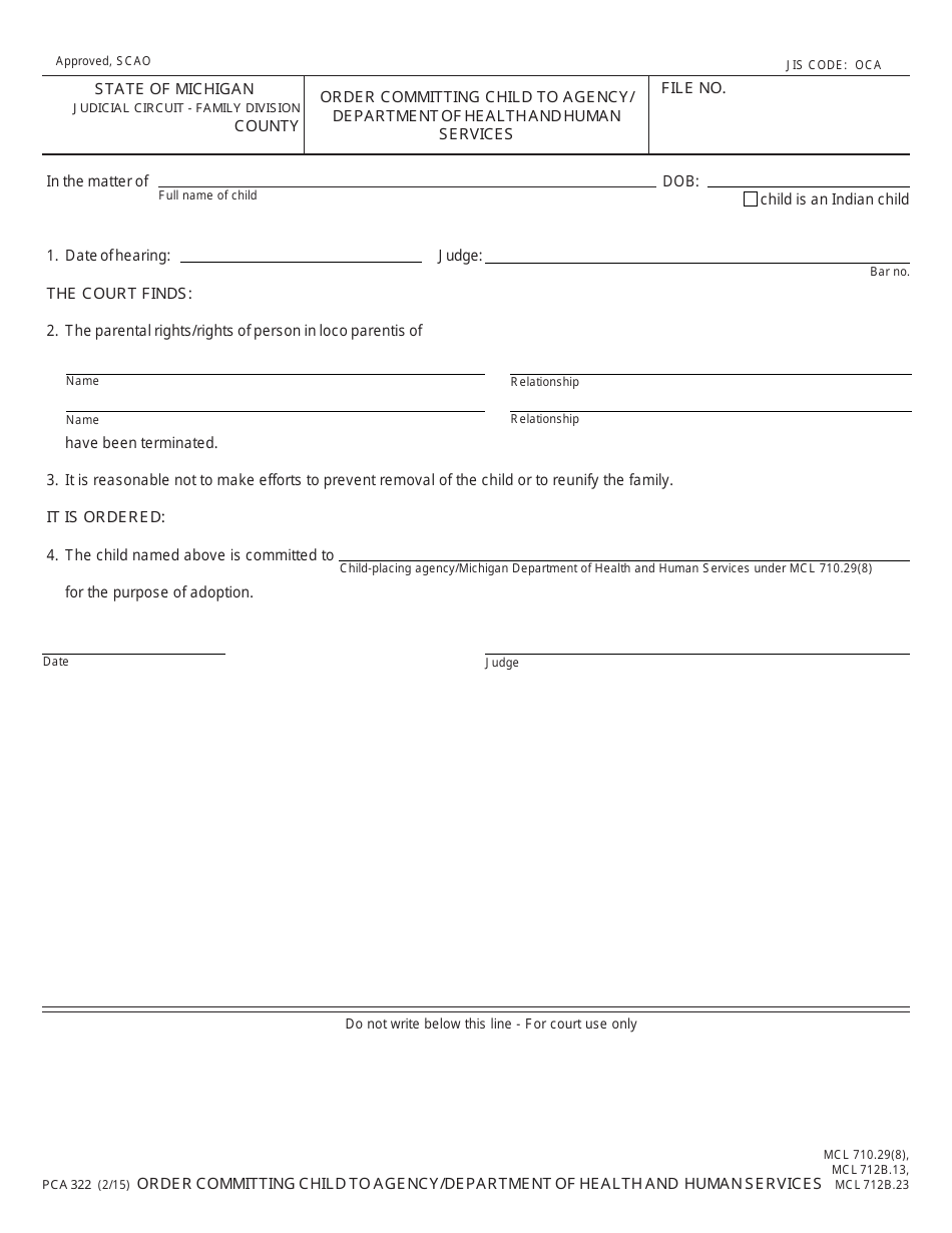 Form PCA322 Order Committing Child to Agency / Department of Health and Human Services - Michigan, Page 1