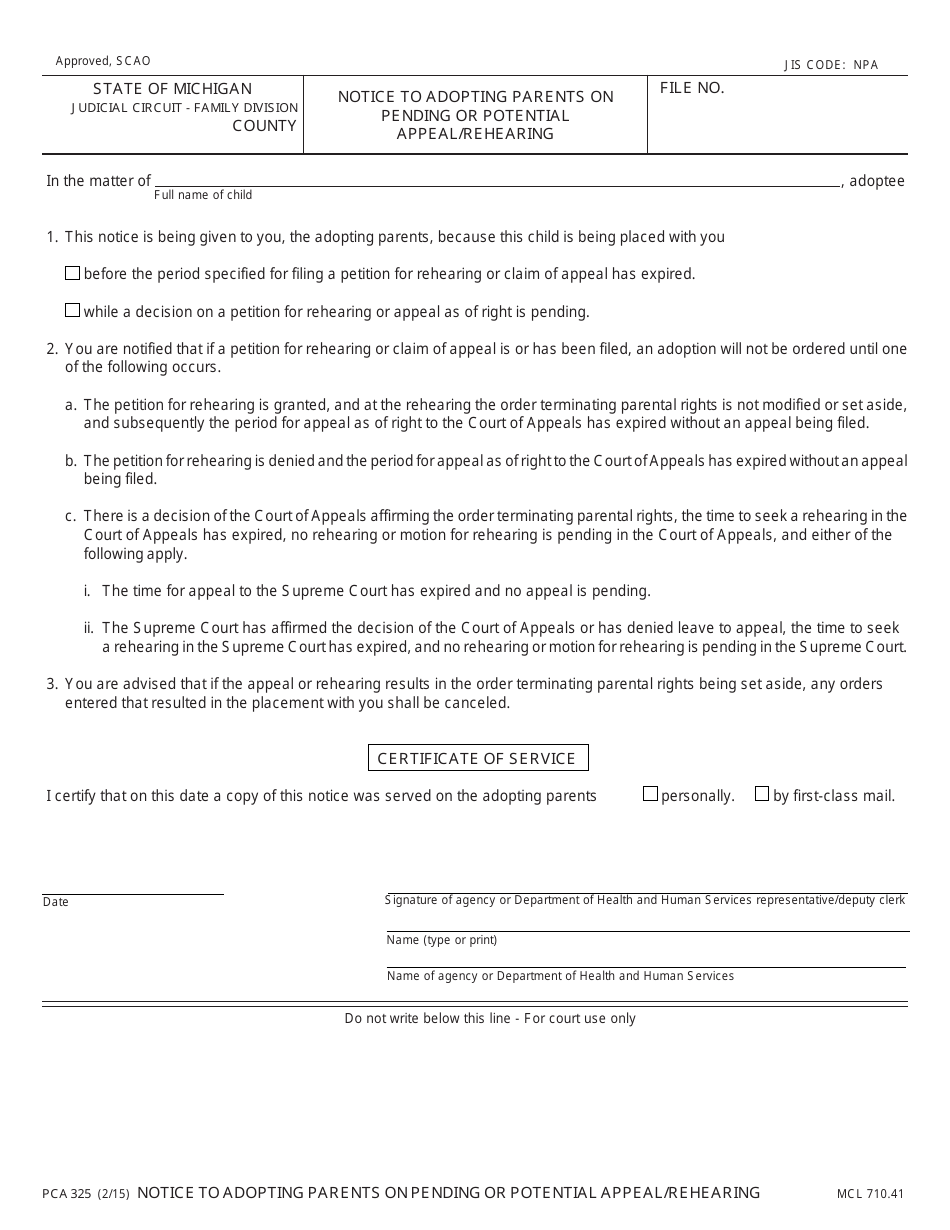 Form PCA325 Notice to Adopting Parents on Pending or Potential Appeal / Rehearing - Michigan, Page 1