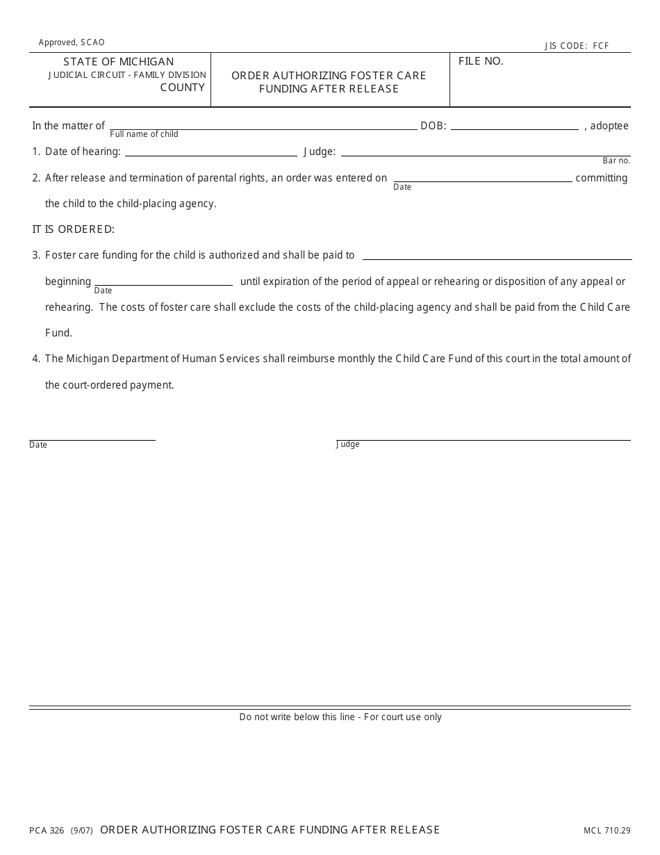 Form PCA326 Order Authorizing Foster Care Funding After Release - Michigan, Page 1