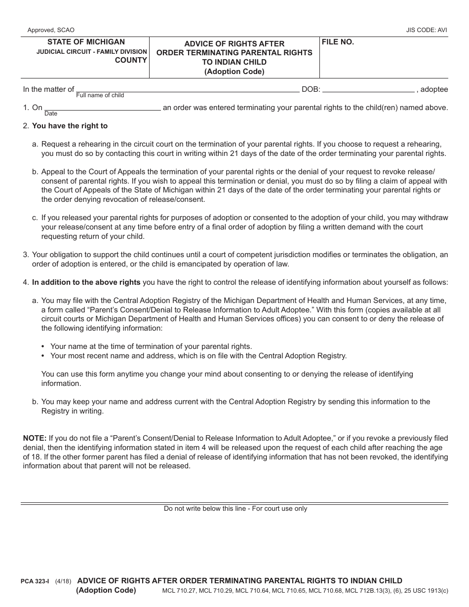 Form PCA323-I Advice of Rights After Order Terminating Parental Rights to Indian Child (Adoption Code) - Michigan, Page 1