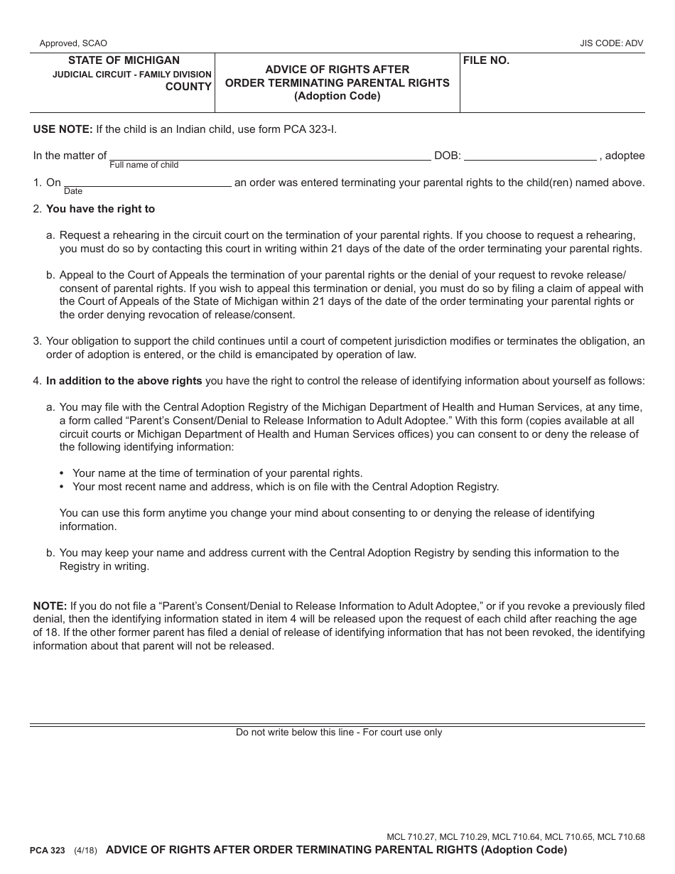 Form PCA323 Advice of Rights After Order Terminating Parental Rights (Adoption Code) - Michigan, Page 1