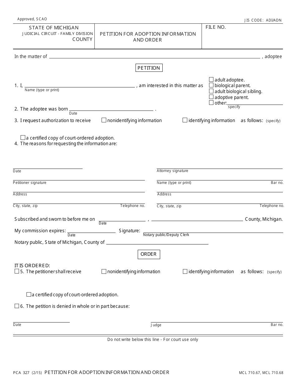 Form PCA327 Petition for Adoption Information and Order - Michigan, Page 1