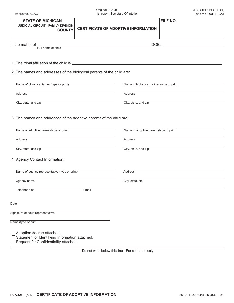Form PCA328 Certificate of Adoptive Information - Michigan, Page 1