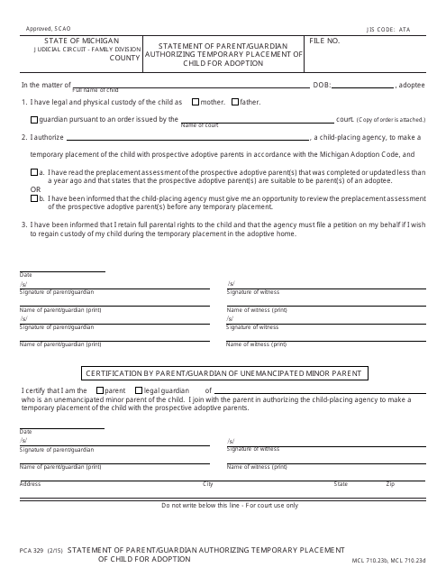 Form PCA329 Statement of Parent/Guardian Authorizing Temporary Placement of Child for Adoption - Michigan