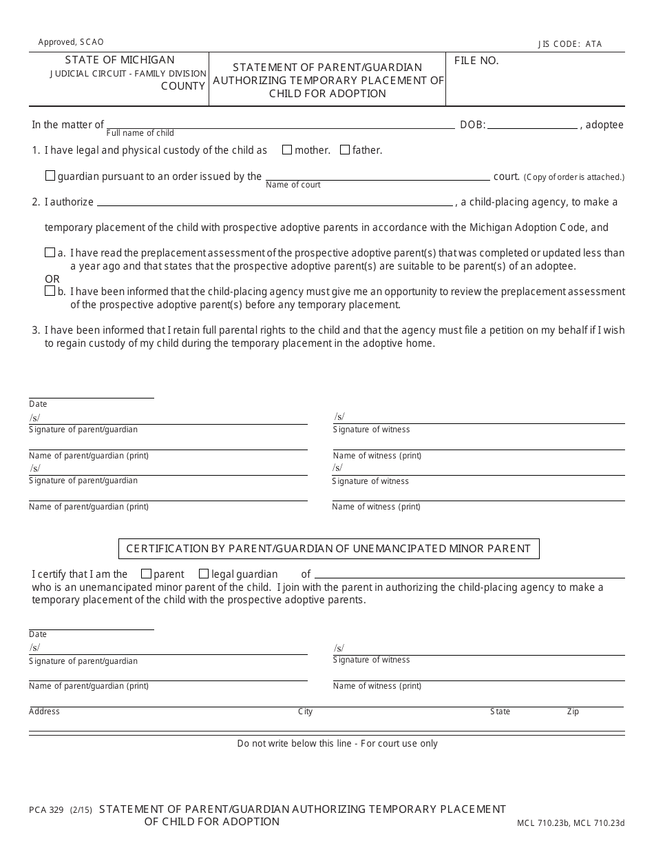 Form PCA329 Statement of Parent / Guardian Authorizing Temporary Placement of Child for Adoption - Michigan, Page 1